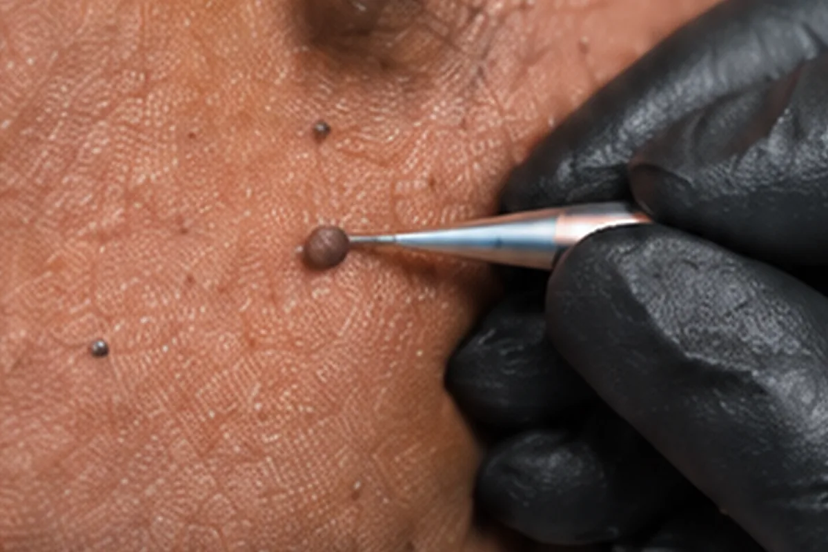 Gloved hand holding an electrolysis probe to a raised blemish on dark skin