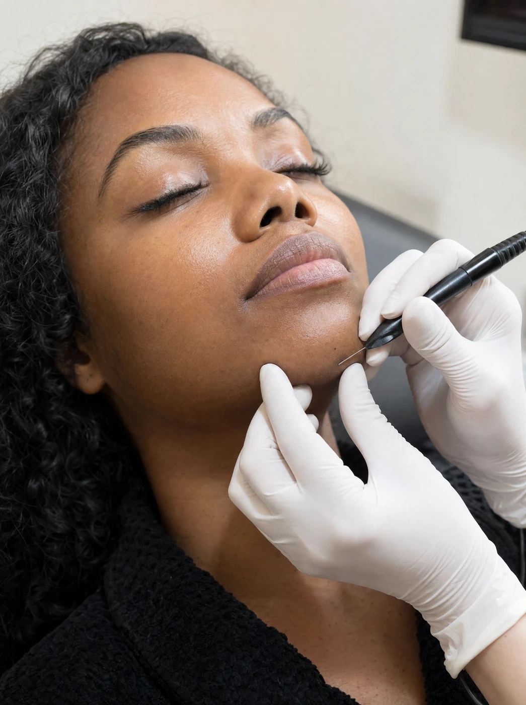 Illustration of a Black woman receiving electrolysis on her chin